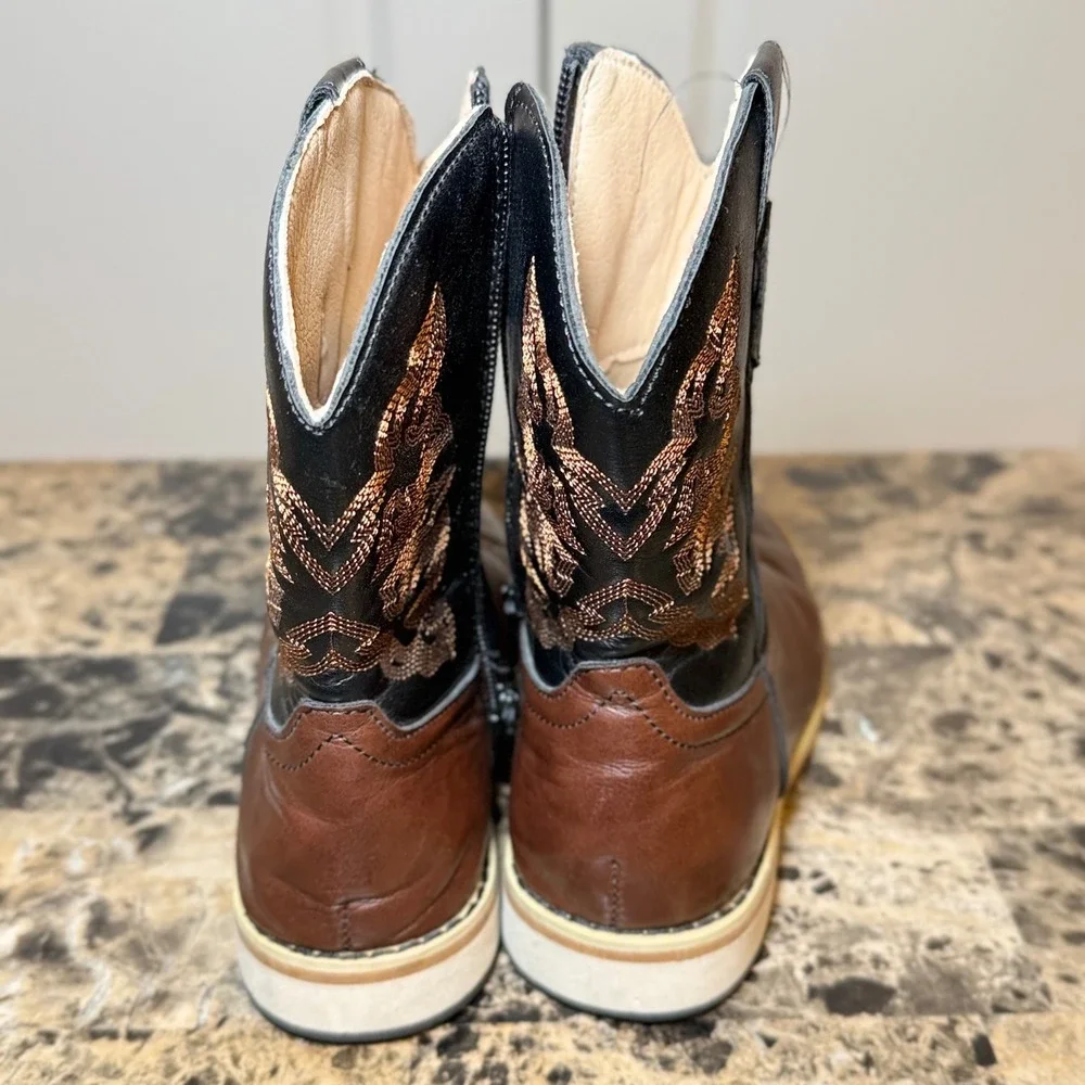 Norty Kids Brown Black Western Cowboy Boots Size 13 Embroidered Side Zip